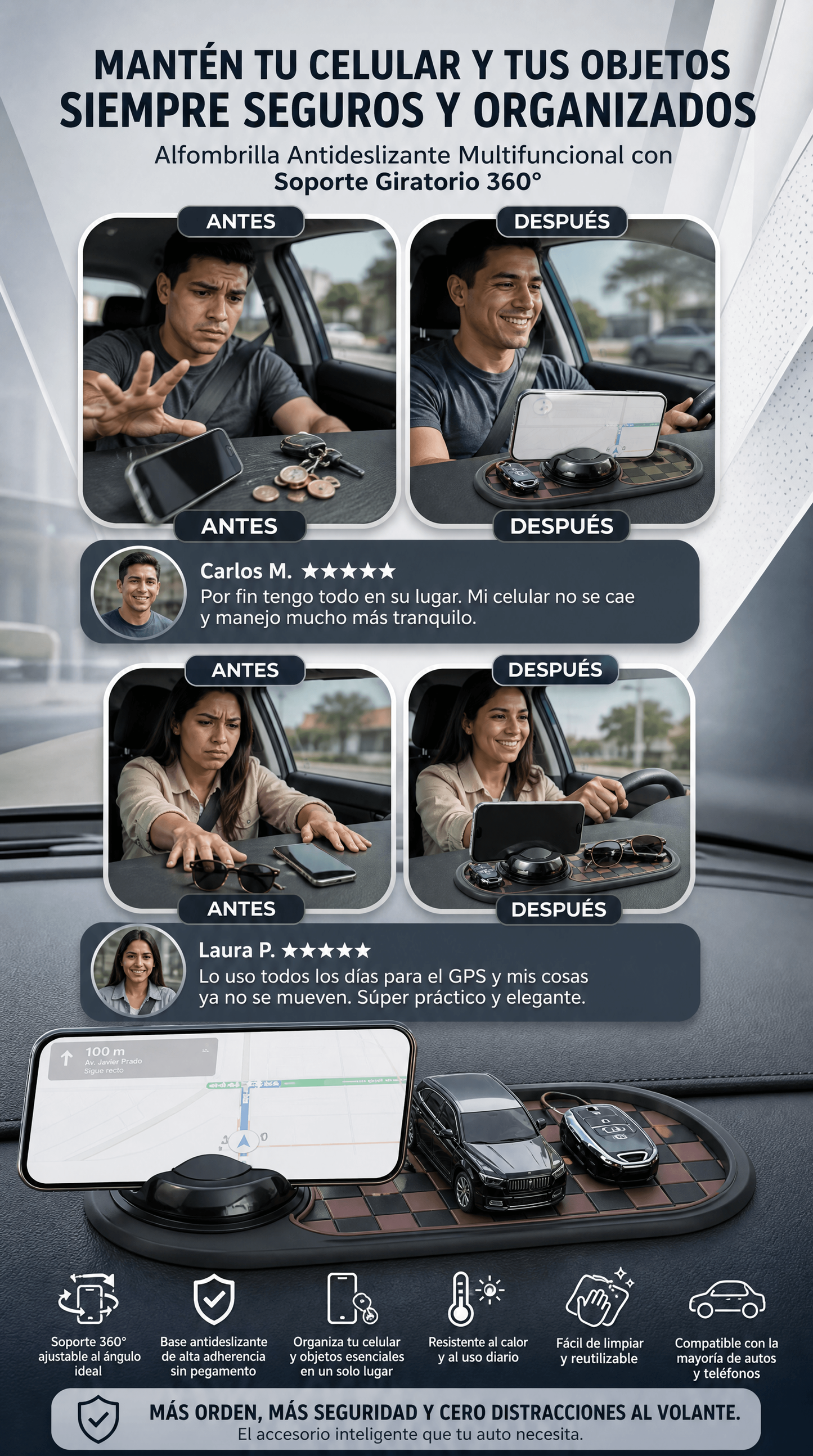 Alfombrilla antideslizante para coche y soporte para teléfono con rotación de 360 grados