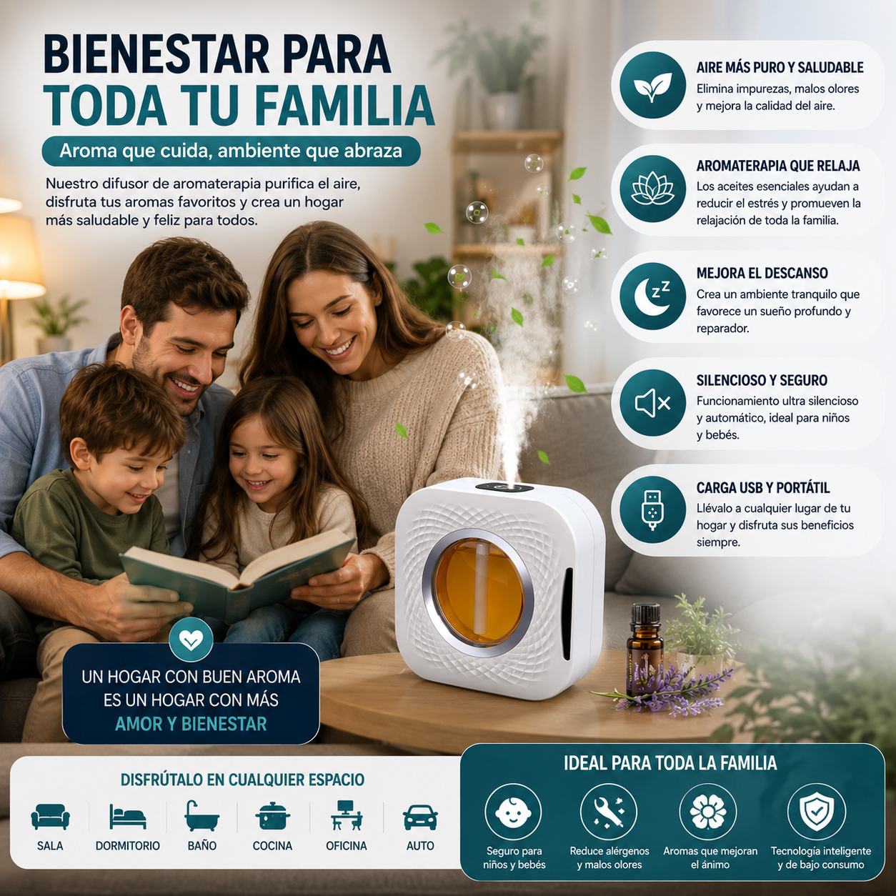 Purificador de aire con difusor de aromaterapia USB