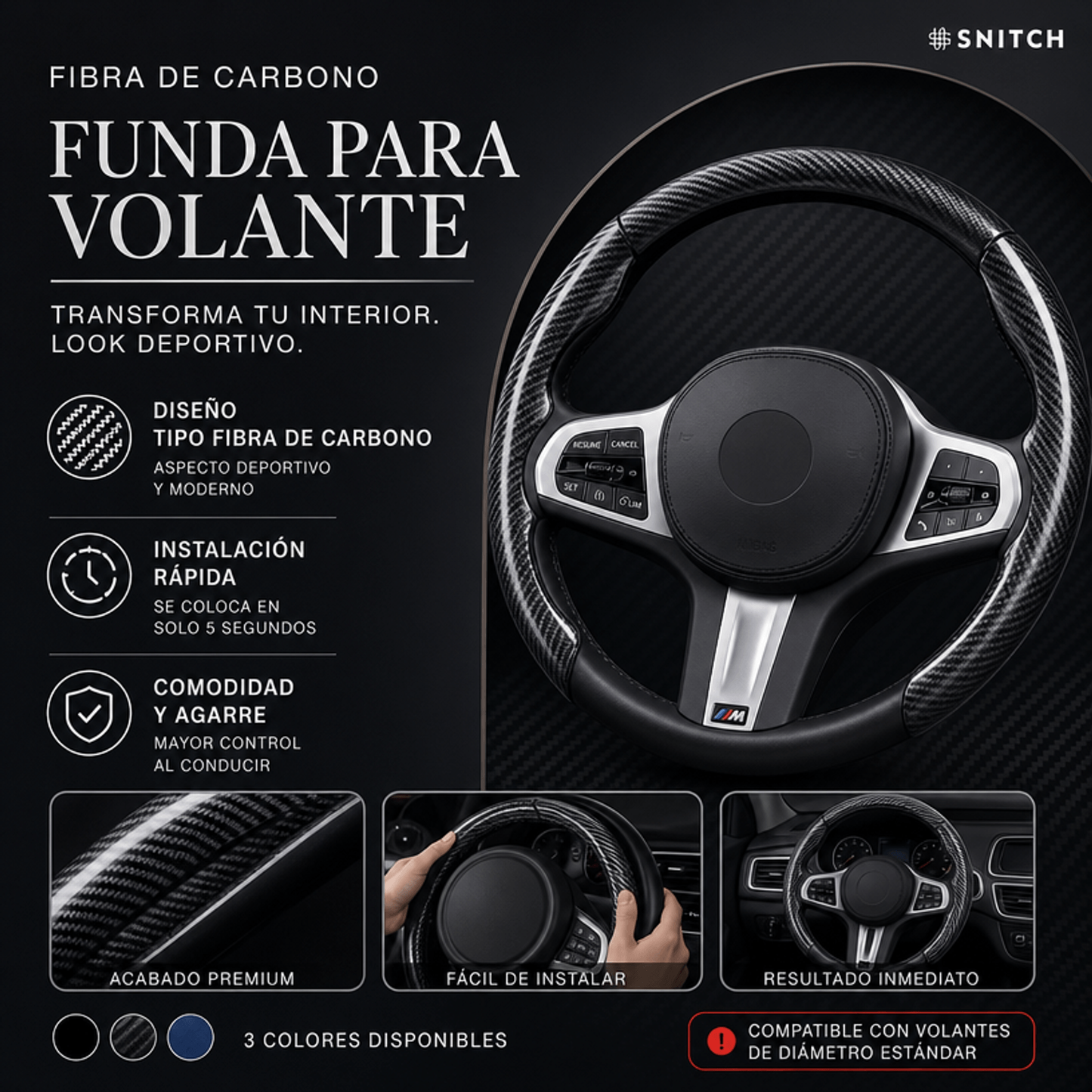 Funda Volante Fibra de Carbon ABS premiun para coche