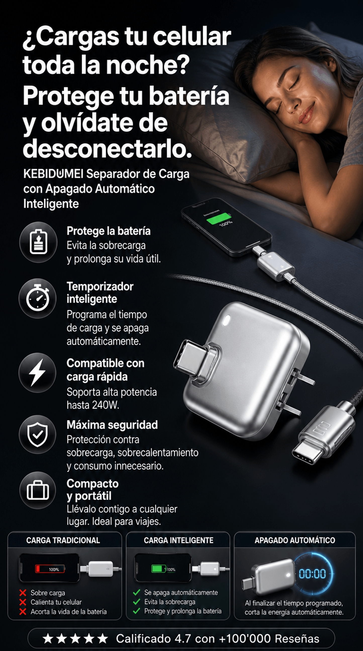 Separador de Carga para Teléfono con Apagado Automático Inteligente