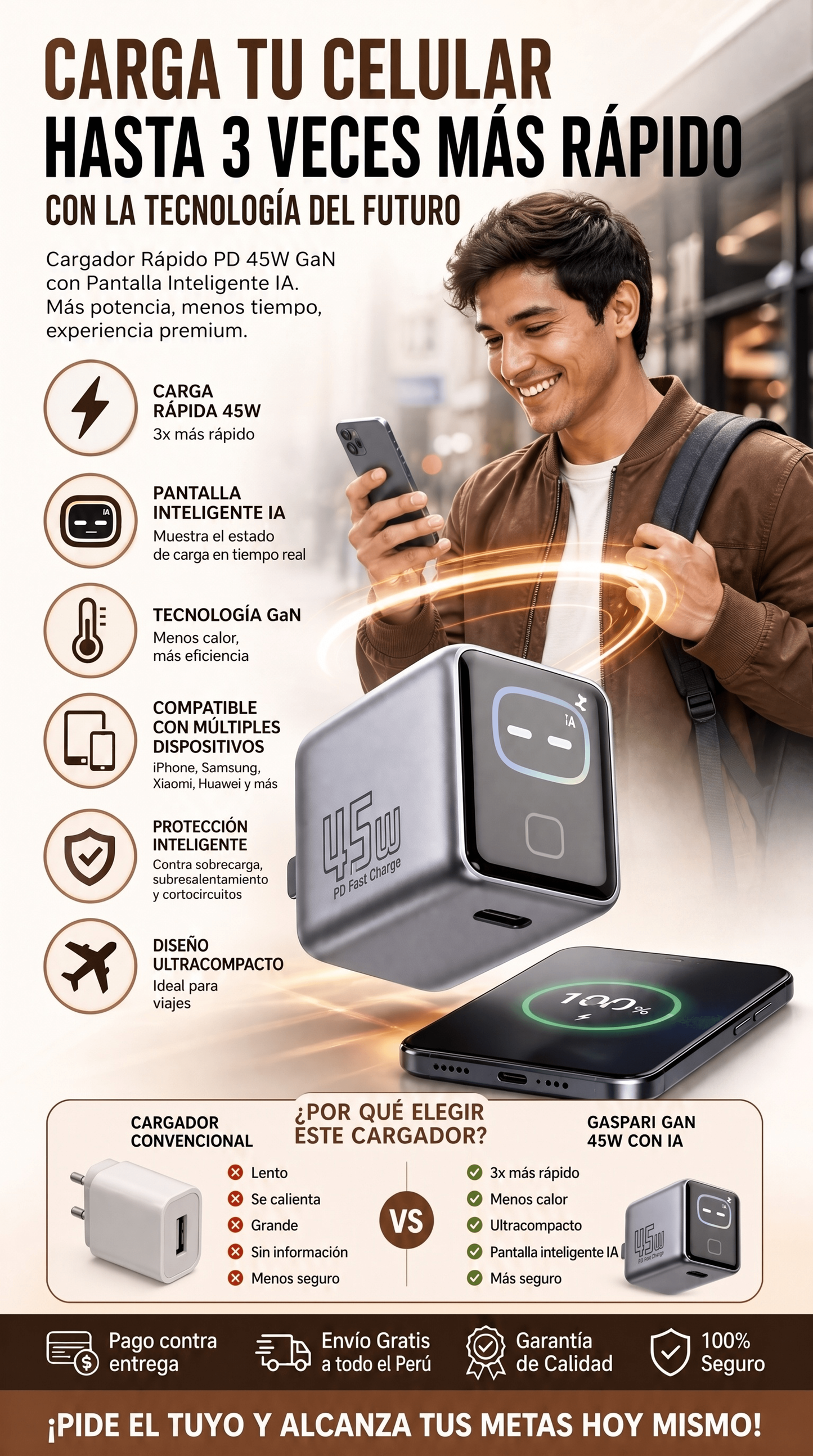 Cargador Rápido PD 45W GaN con Pantalla Inteligente IA