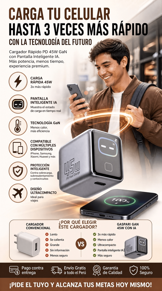 Cargador Rápido PD 45W GaN con Pantalla Inteligente IA