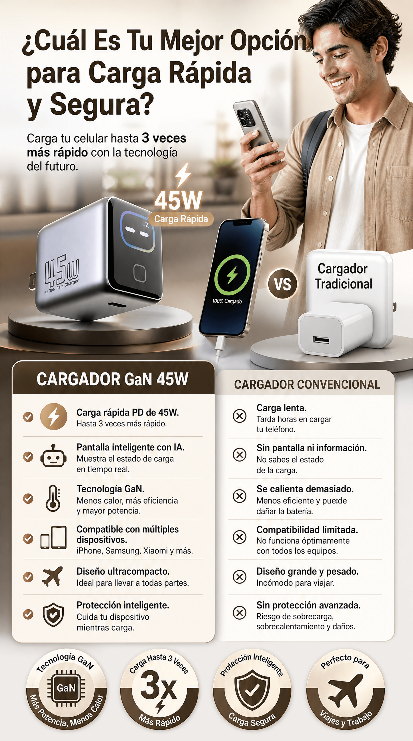 Cargador Rápido PD 45W GaN con Pantalla Inteligente IA