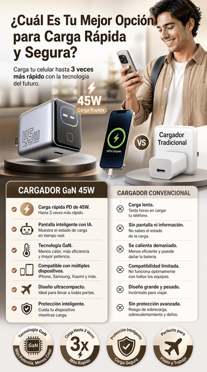 Cargador Rápido PD 45W GaN con Pantalla Inteligente IA