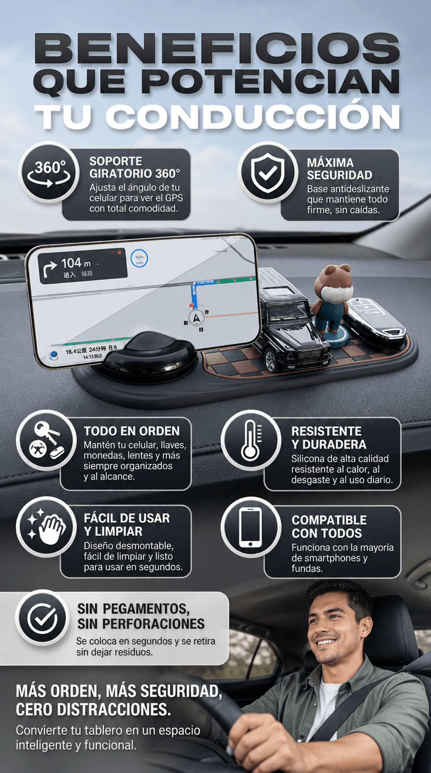Alfombrilla antideslizante para coche y soporte para teléfono con rotación de 360 grados