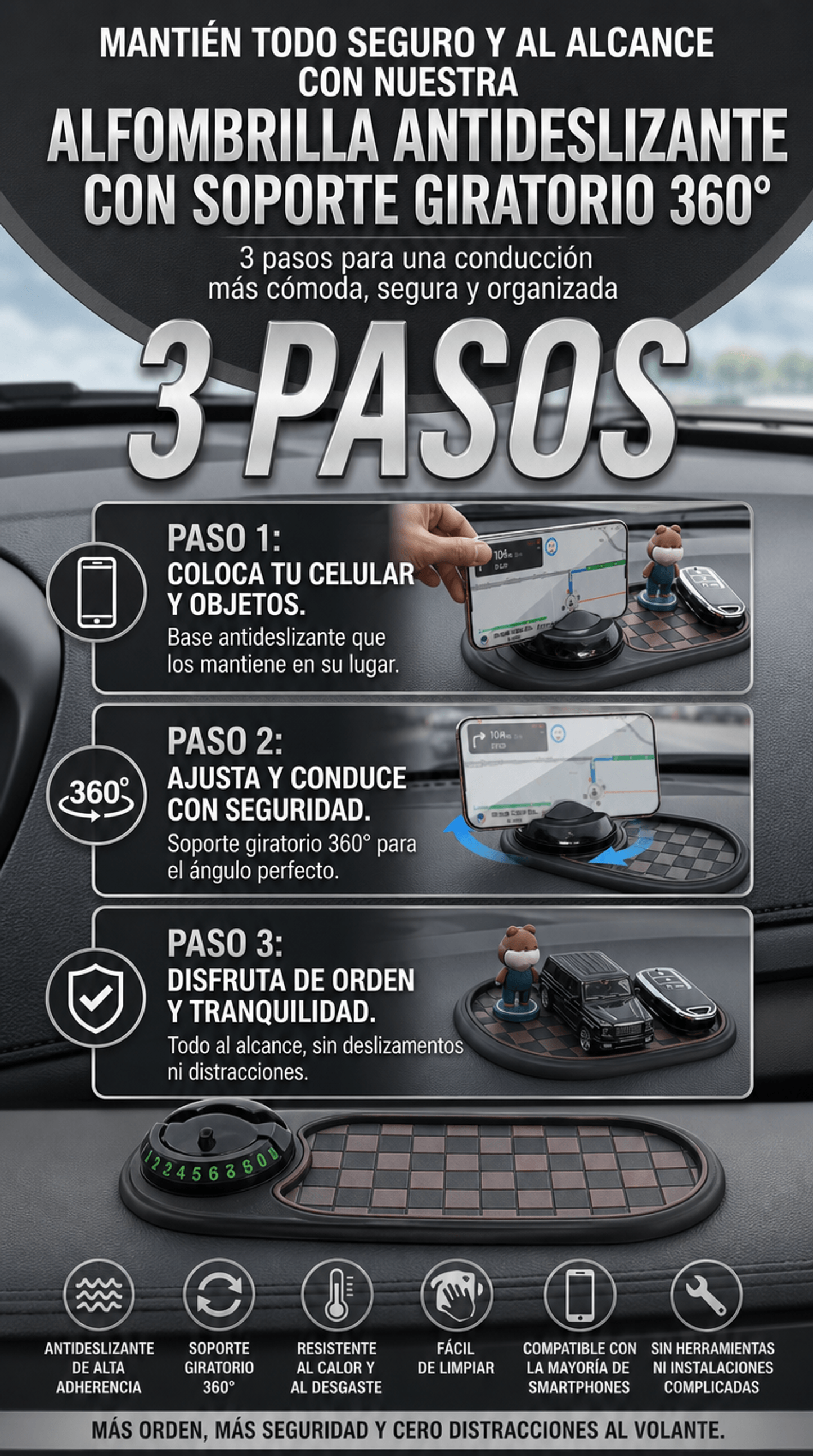 Alfombrilla antideslizante para coche y soporte para teléfono con rotación de 360 grados