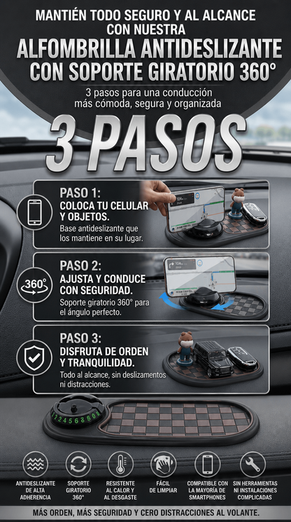 Alfombrilla antideslizante para coche y soporte para teléfono con rotación de 360 grados