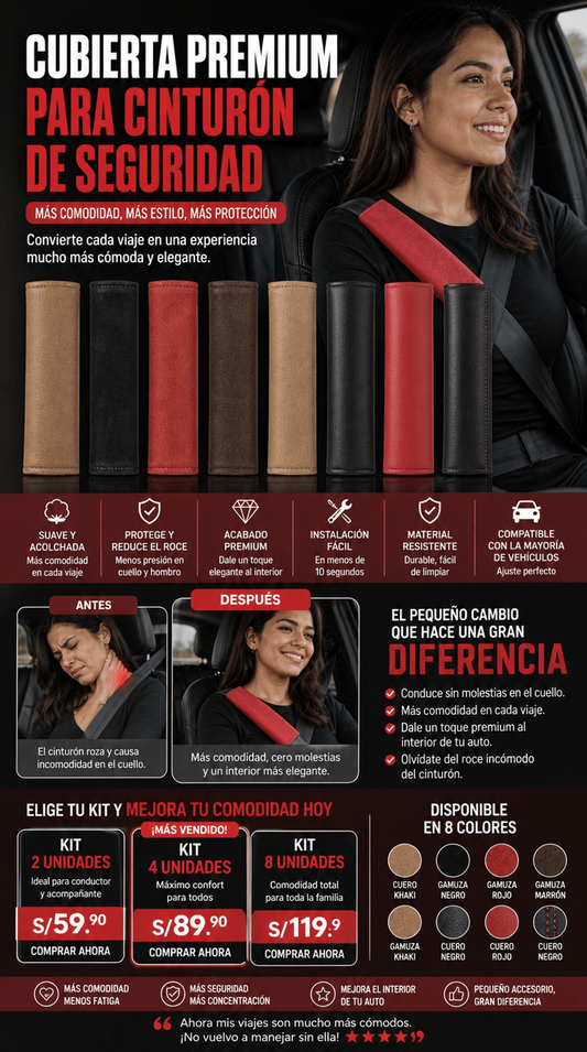 Cubierta Premium para Cinturón de Seguridad de Auto en Cuero y Gamuza