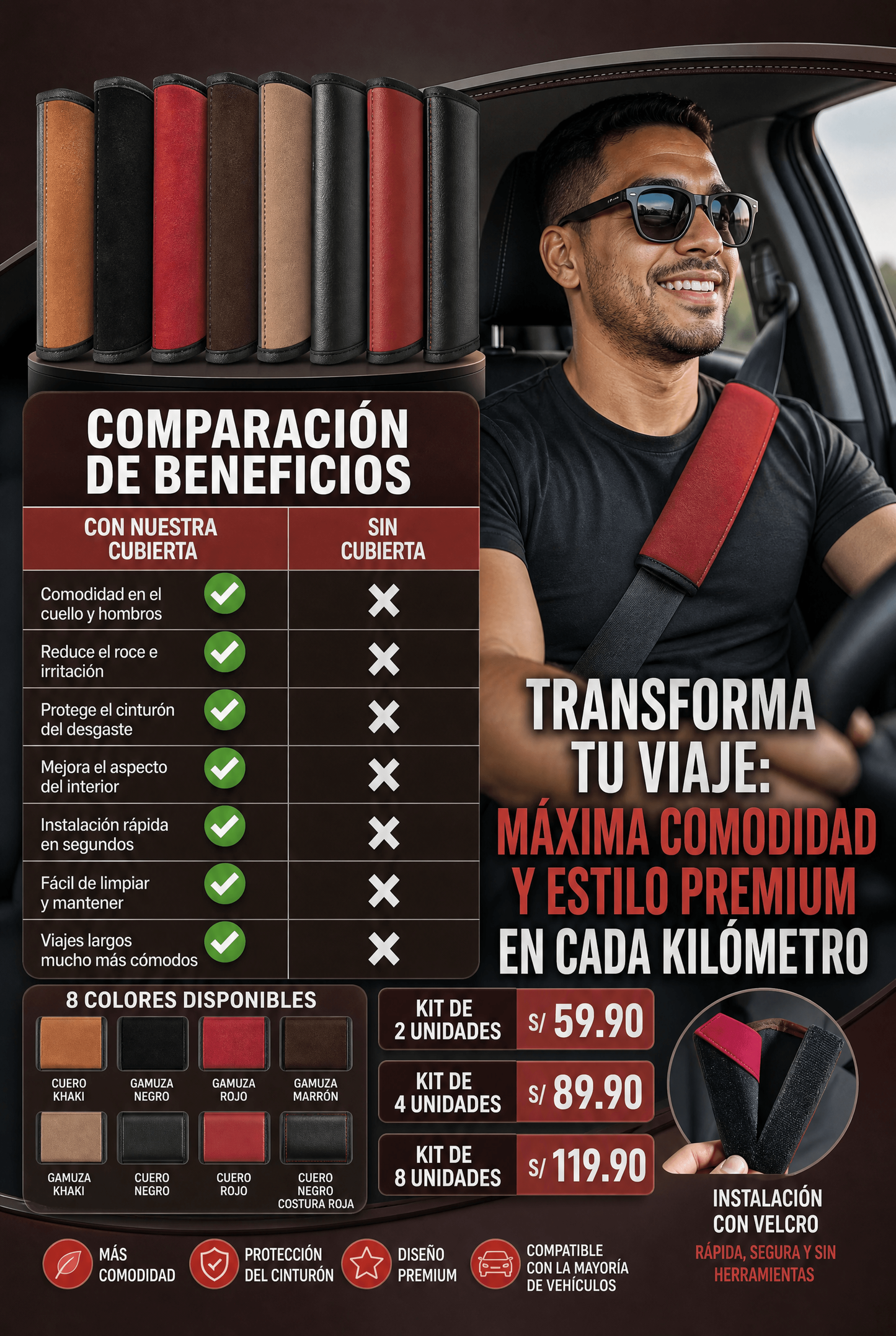 Cubierta Premium para Cinturón de Seguridad de Auto en Cuero y Gamuza