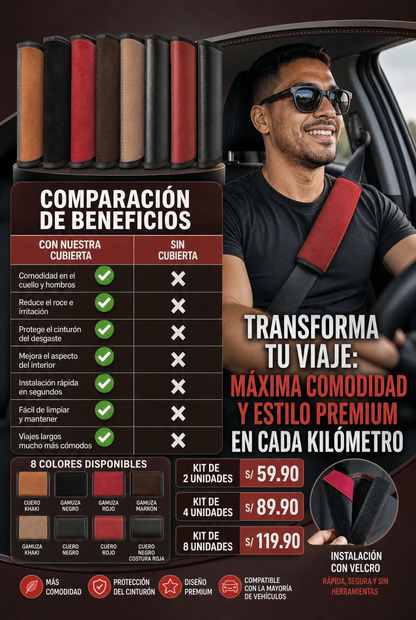 Cubierta Premium para Cinturón de Seguridad de Auto en Cuero y Gamuza