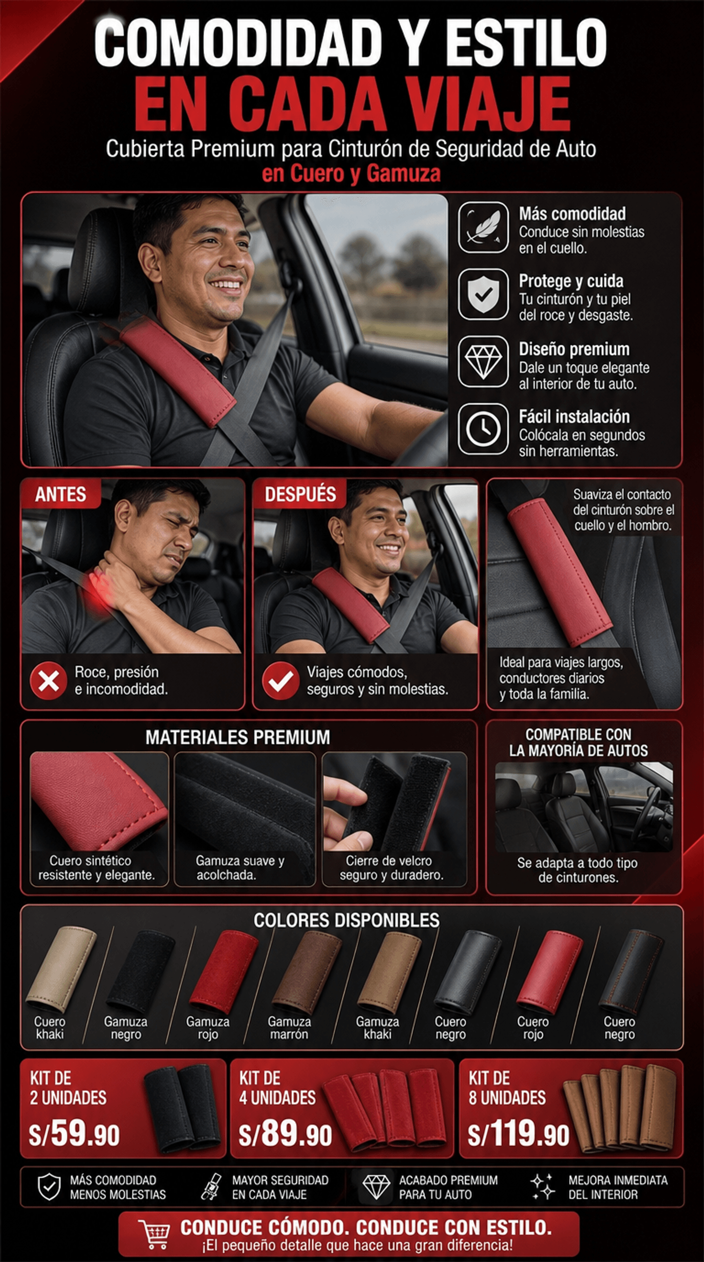 Cubierta Premium para Cinturón de Seguridad de Auto en Cuero y Gamuza