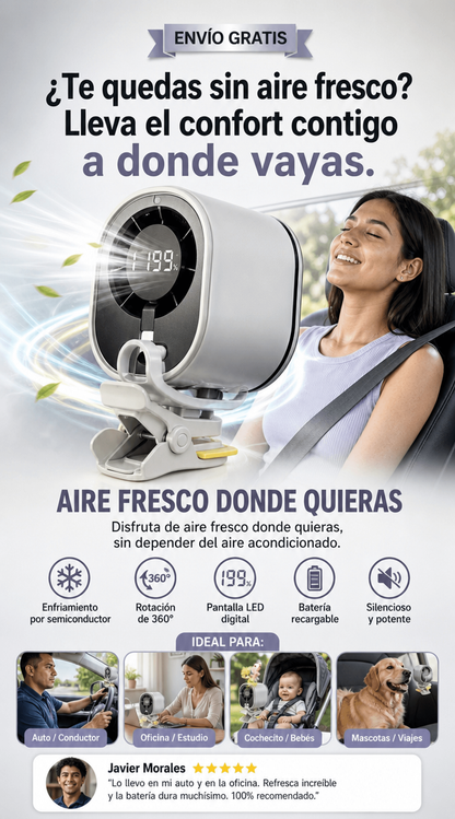 Mini Ventilador Eléctrico Portátil 360° con Pantalla Digital y Clip Multifuncional
