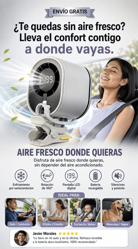 Mini Ventilador Eléctrico Portátil 360° con Pantalla Digital y Clip Multifuncional