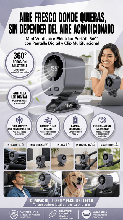 Mini Ventilador Eléctrico Portátil 360° con Pantalla Digital y Clip Multifuncional