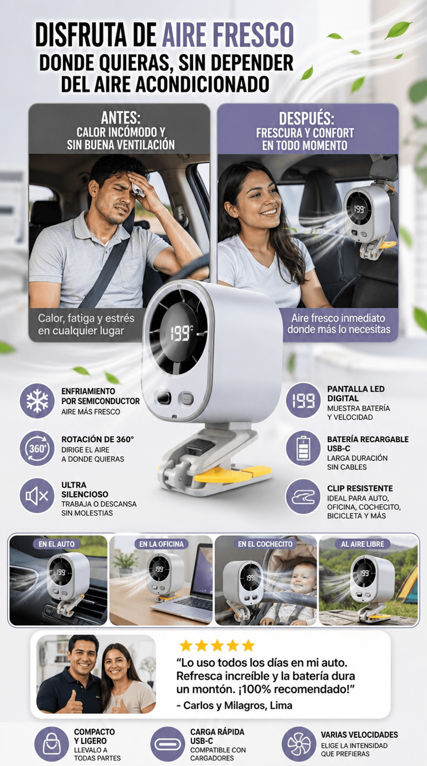 Mini Ventilador Eléctrico Portátil 360° con Pantalla Digital y Clip Multifuncional