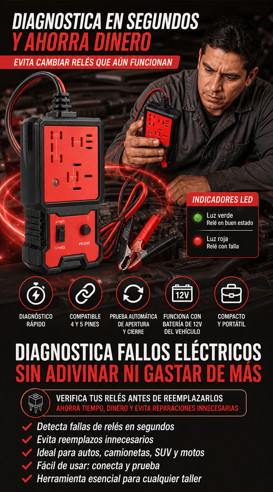 Probador de Relé Automotriz Portátil 12V – Analizador Inteligente de Relés
