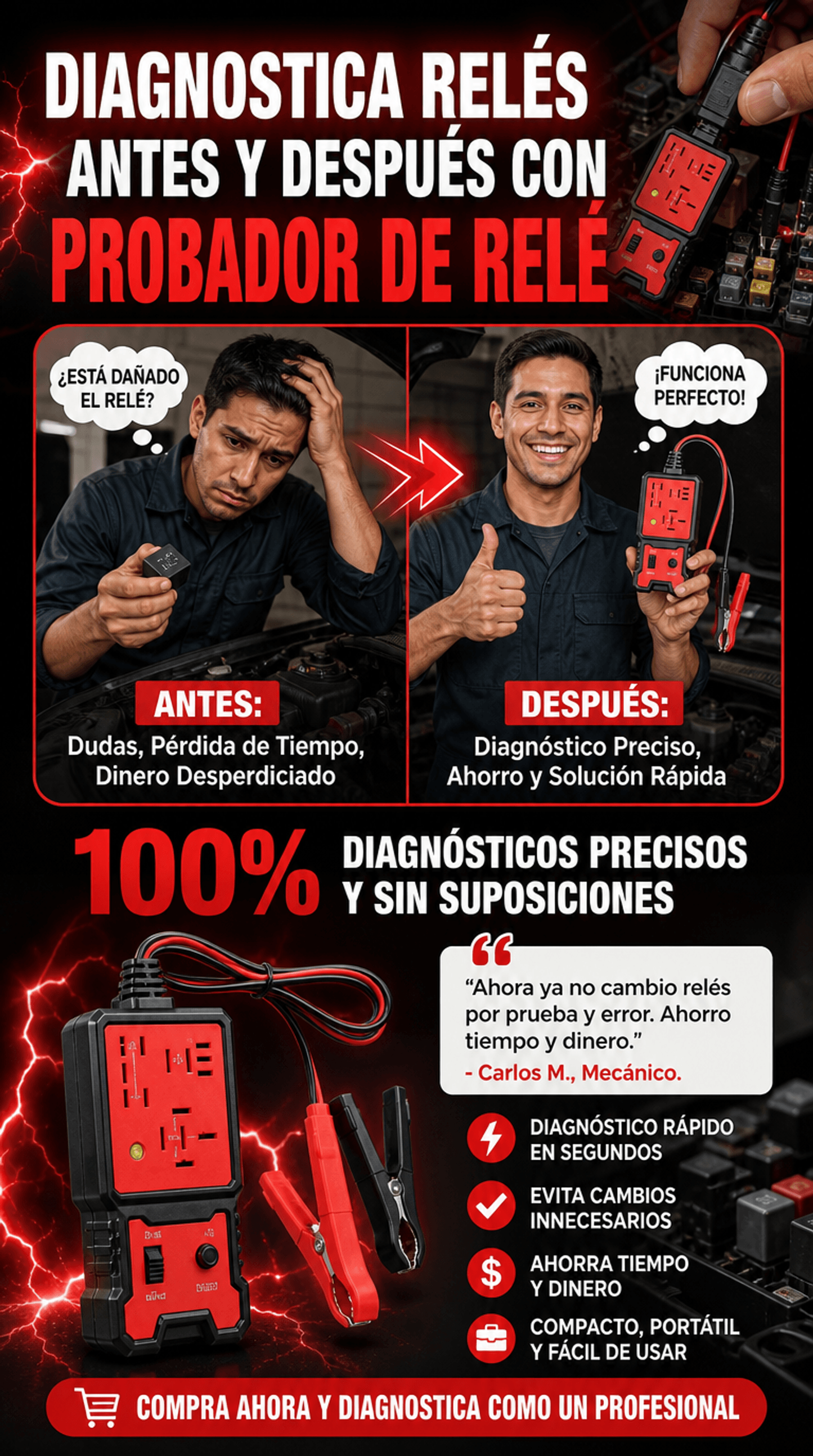Probador de Relé Automotriz Portátil 12V – Analizador Inteligente de Relés
