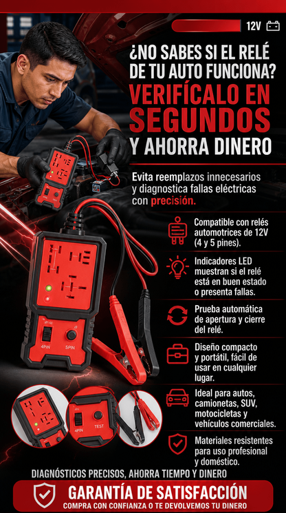 Probador de Relé Automotriz Portátil 12V – Analizador Inteligente de Relés