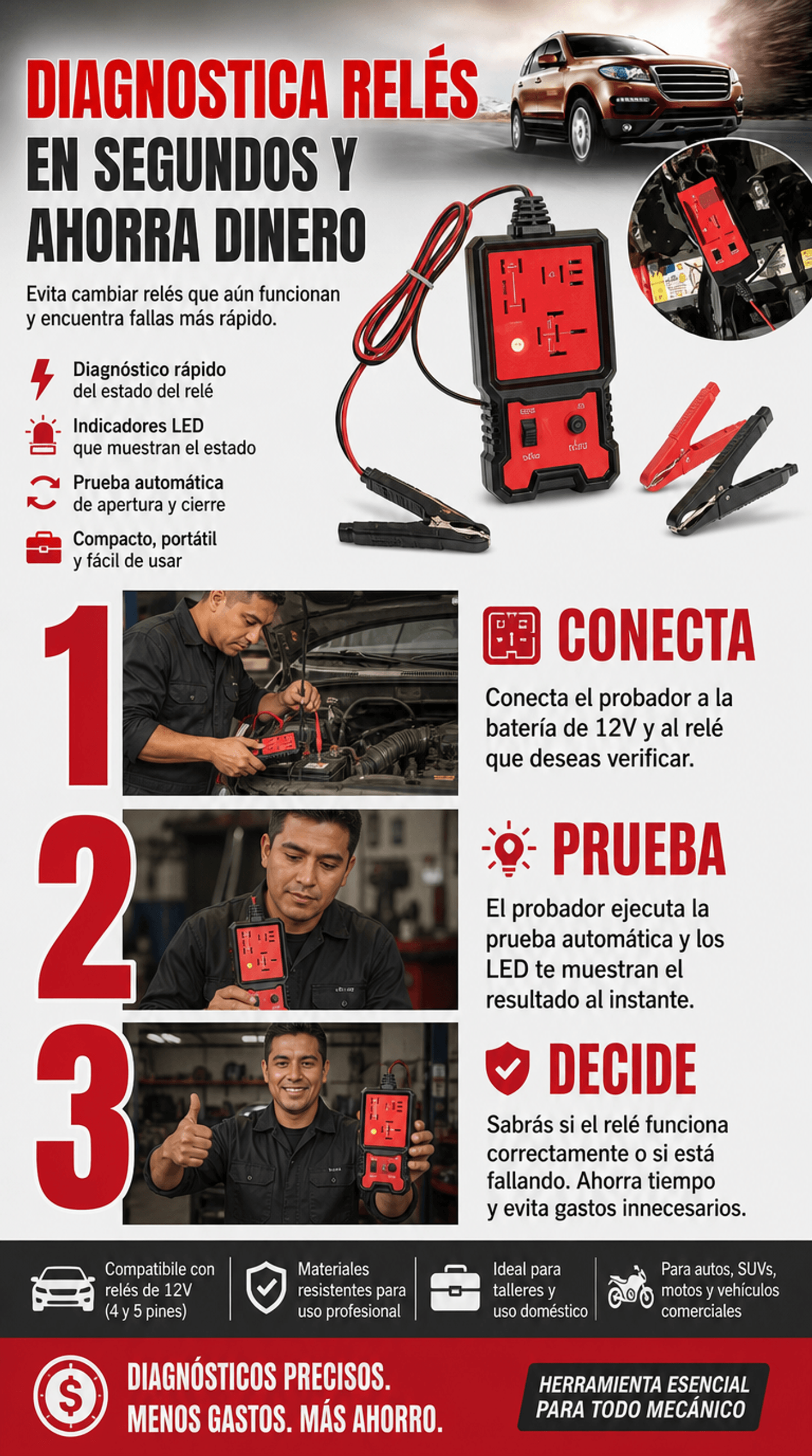 Probador de Relé Automotriz Portátil 12V – Analizador Inteligente de Relés