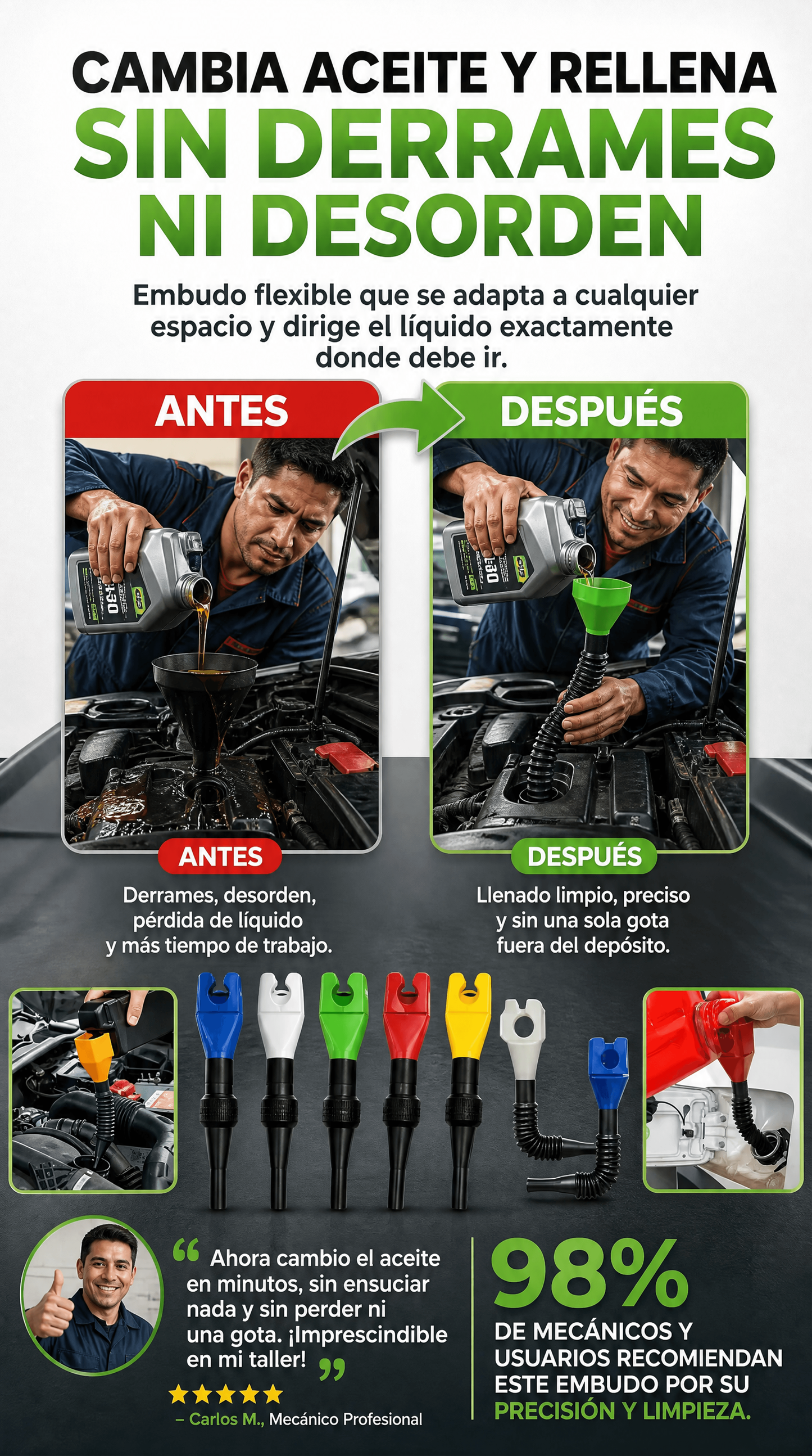 Embudo Flexible Multifunción para Cambio de Aceite y Llenado de Fluidos