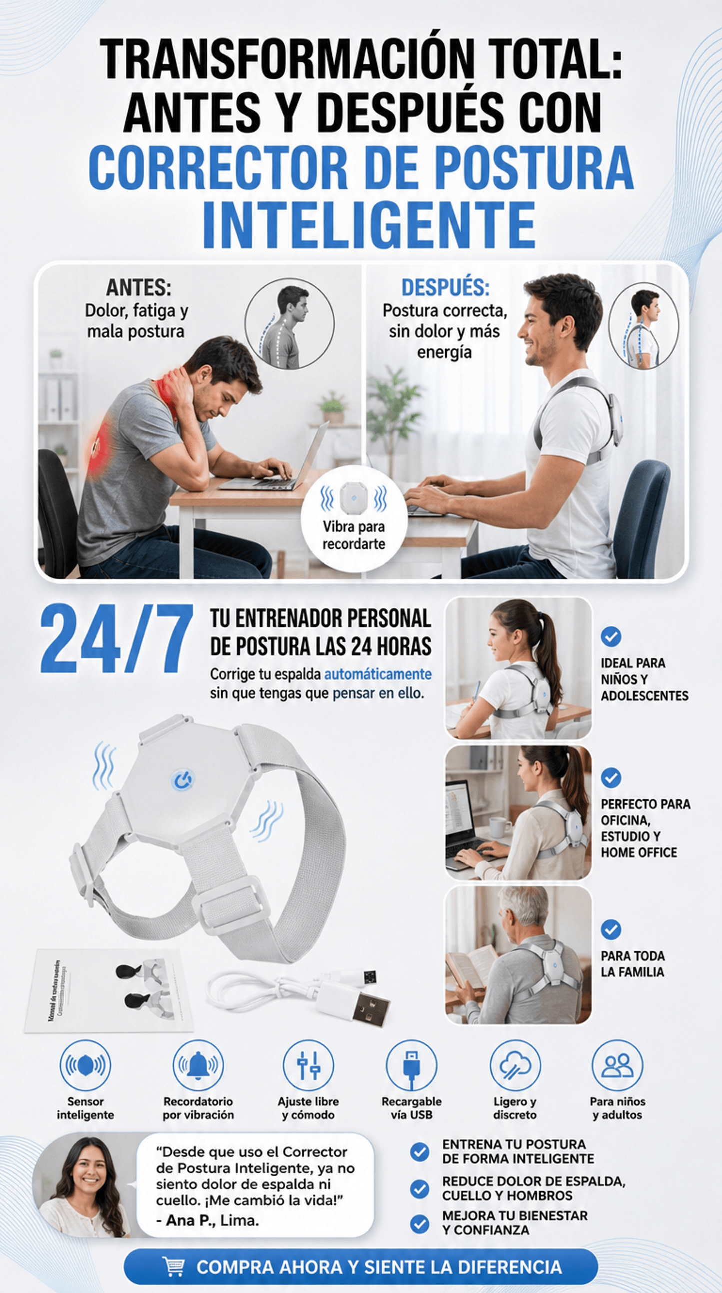 Corrector de postura inteligente con Sensor de vibración