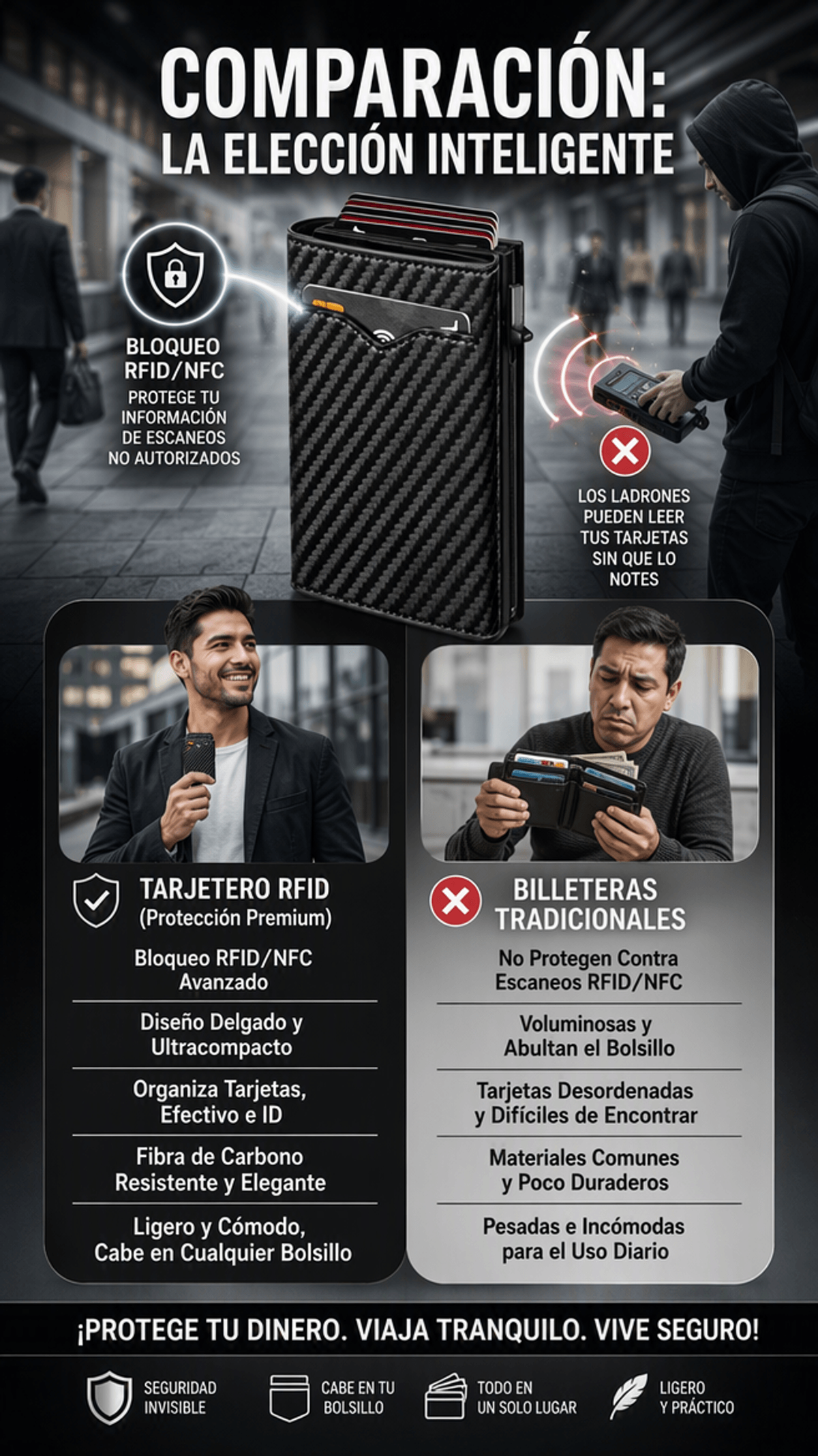 Monedero Portátil Multifuncional de Fibra de Carbono Premium