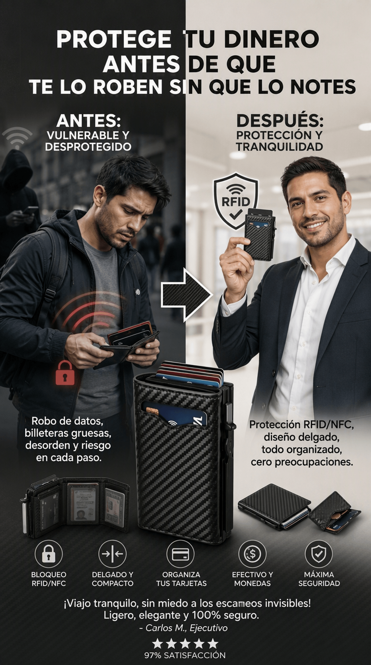 Monedero Portátil Multifuncional de Fibra de Carbono Premium