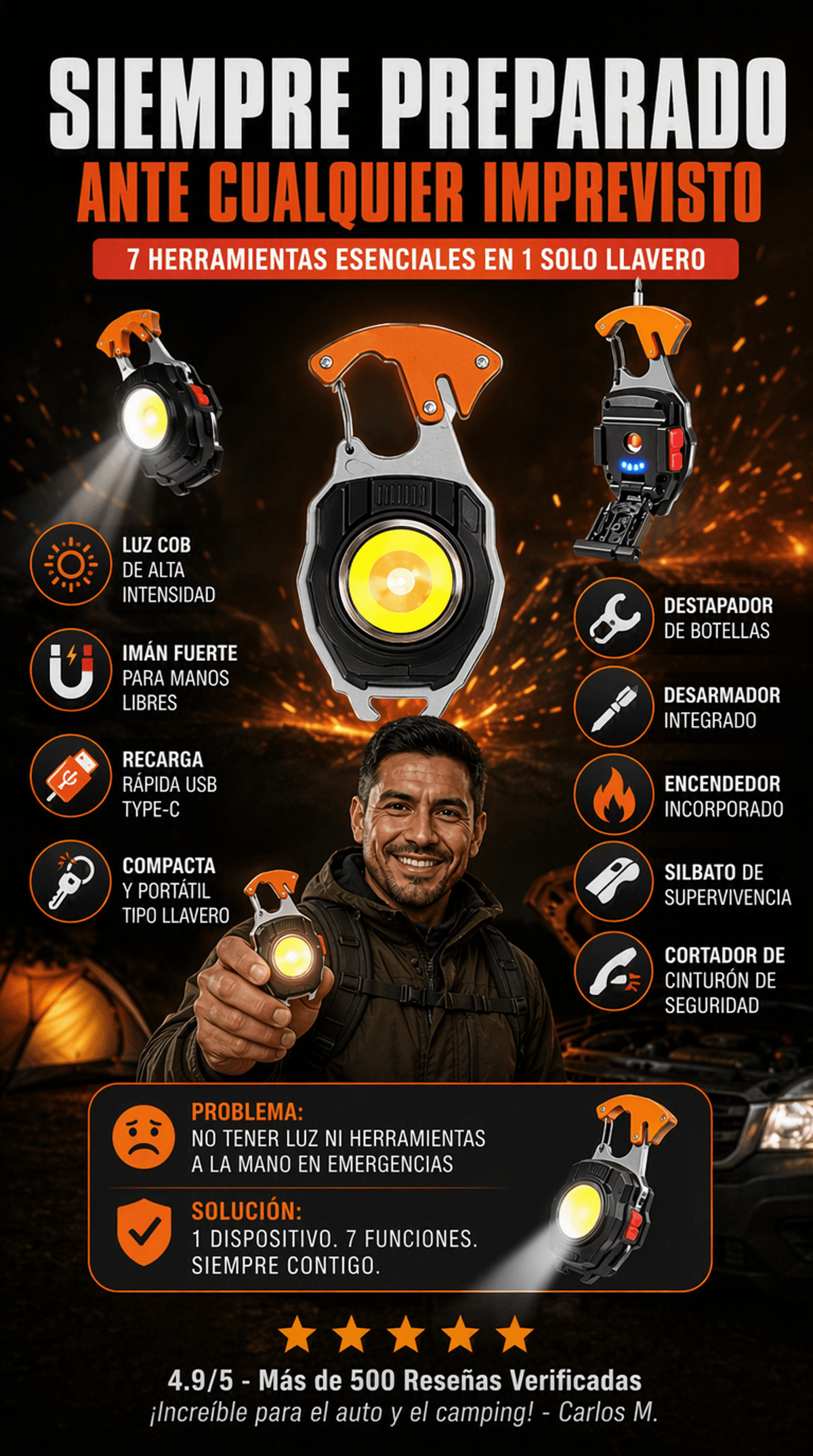 Mini Linterna COB multifuncional tipo llavero 7 en 1
