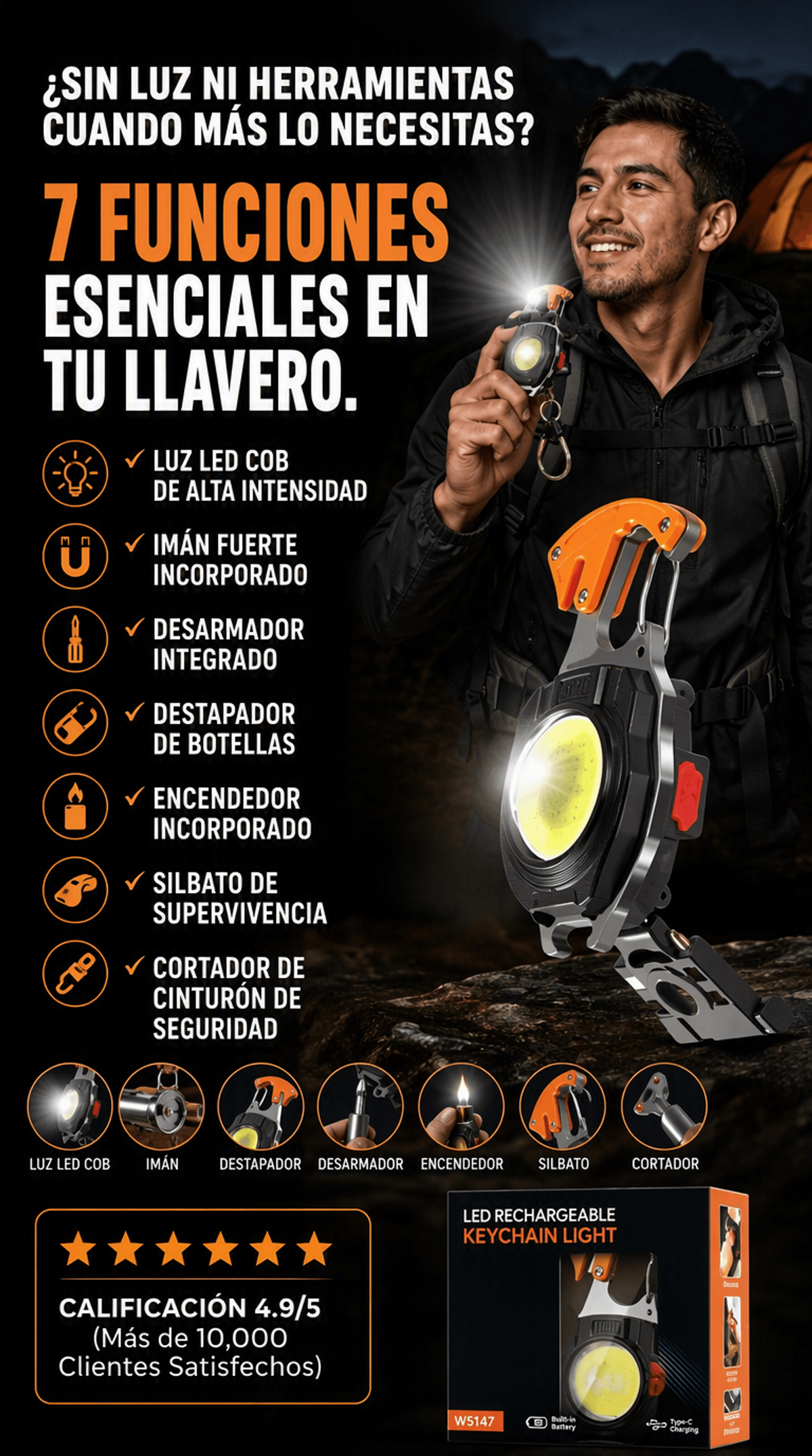 Mini Linterna COB multifuncional tipo llavero 7 en 1