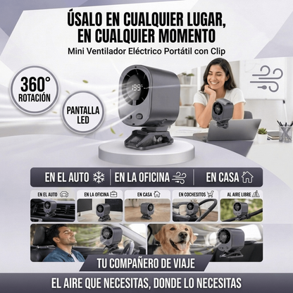 Mini Ventilador Eléctrico Portátil 360° con Pantalla Digital y Clip Multifuncional (TIKTOK)